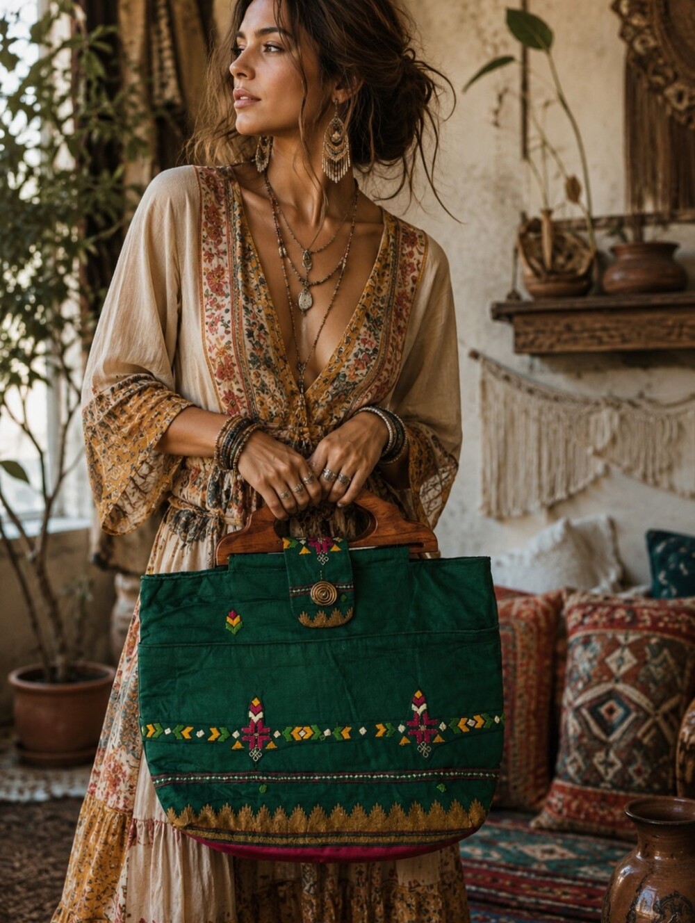 Picapia Bags by Dawn Embroidered Wood Handle Boho Artisan Tote Bag Handmade